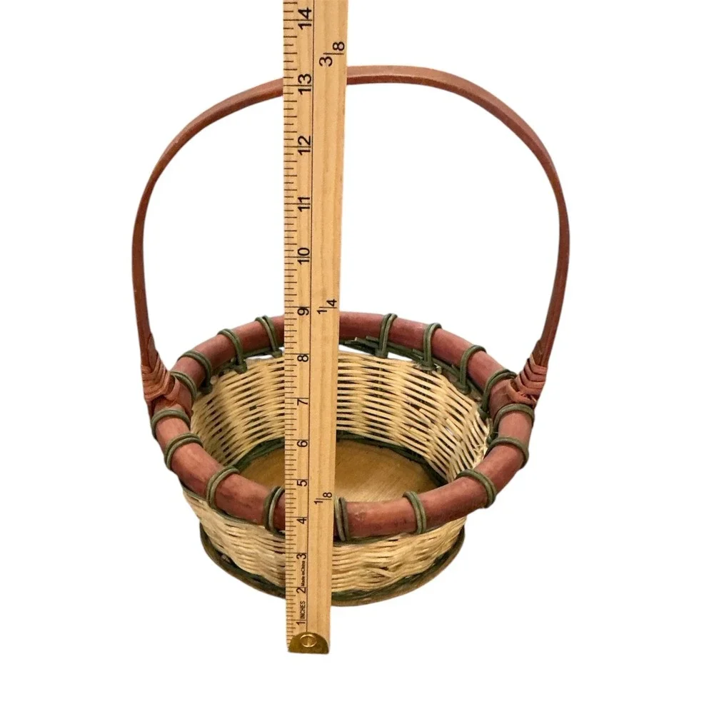 Vintage Woven Wicker Basket Round Wooden Base Red Green Natural 13x9x9